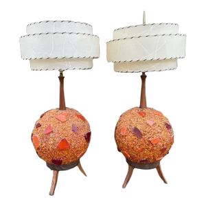 Mid Century Modern Chunky Lucite Orange Rock Candy Swag Ball Table Lamp - Pair
