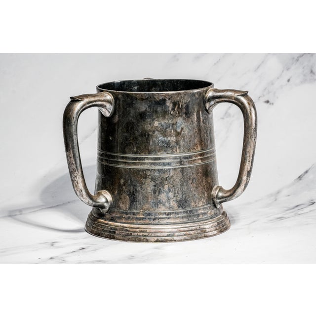 1910s Sculptural Antique Silverplate Triple Handle Trophy Cup Sporting Award Golf Club Home Man Cave Decor For Sale - Image 5 of 9