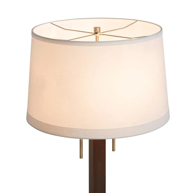 Wood Swiss Cross Table Lamp - Dark Walnut Wood Finish, Weathered Brass, White Linen Shade For Sale - Image 7 of 12