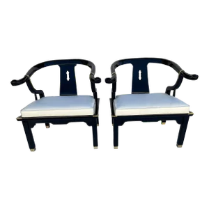 Century Furniture James Mont Style Black Lacquer Chairs - a Pair