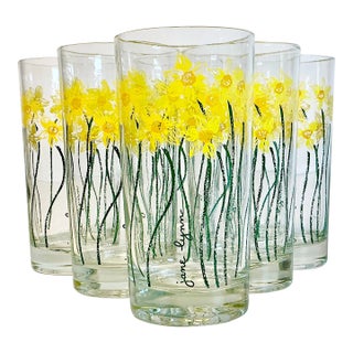1970s Vintage Boho Chic Daffodils Jane Lynn Glassware - Set of 6, After Georges Briard For Sale