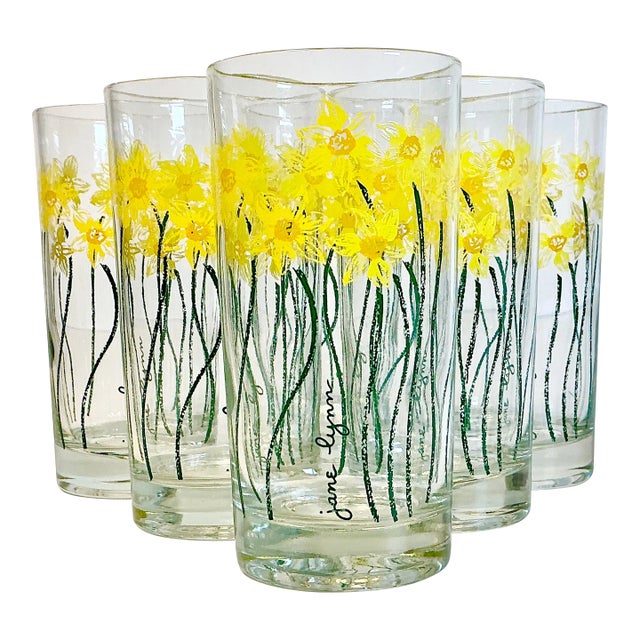 1970s Vintage Boho Chic Daffodils Jane Lynn Glassware - Set of 6, After Georges Briard For Sale