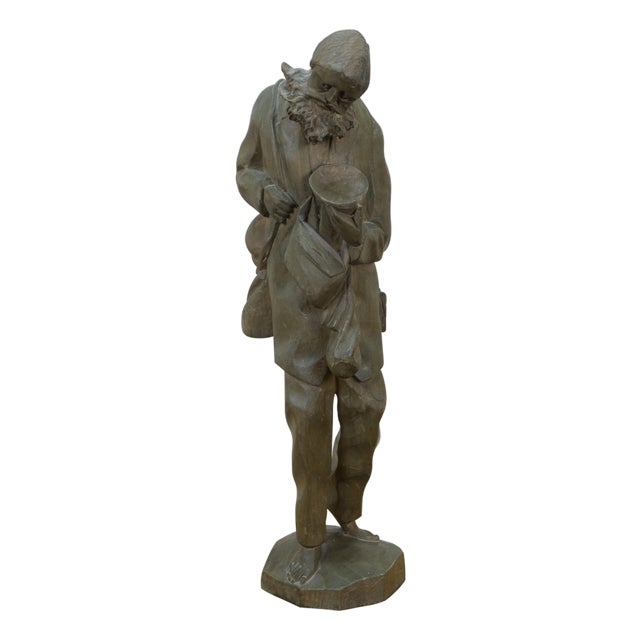 Vintage Carved Folk Art Tramp Hobo Barefoot Homeless Man Figurine 16" For Sale