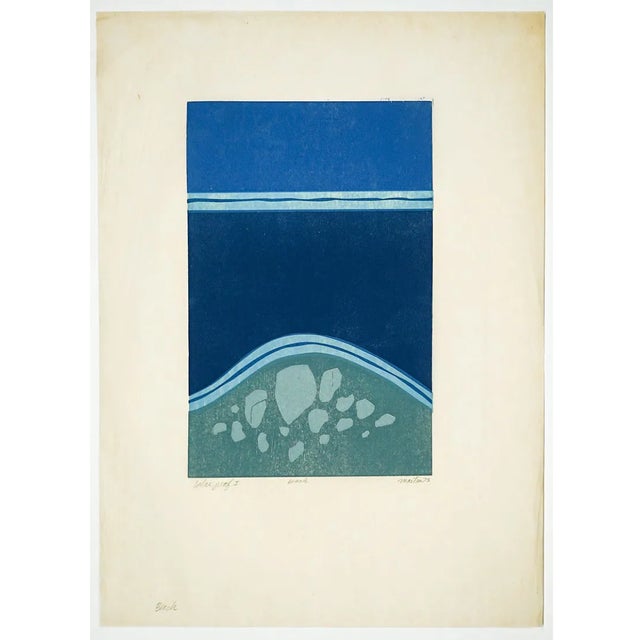 Woodcut by Rockport artist Roger Martin (1925-2015) " Beach" pencil signed, titled and marked as color proof I. Sheet: 26...