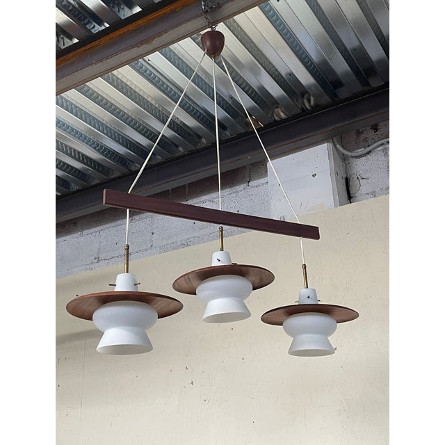 Wood 3-Light Pendant Lamp in Teak and Opal Glass, 1960s For Sale - Image 7 of 14
