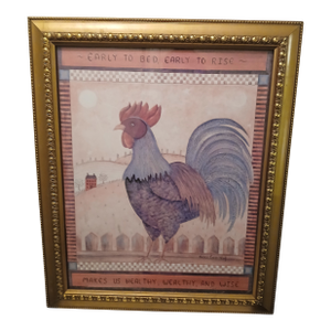 Folk Art Print in Heavy Gilt Frame by Valorie Wenz 'Early to Bed' Rooster Salt House Reproduction