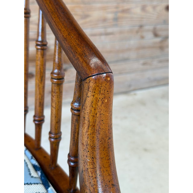 Chinoiserie Vintage Chinoiserie Drexel Heritage Faux Bamboo Walnut Spindle Arm Chair Newly Upholstered For Sale - Image 3 of 12