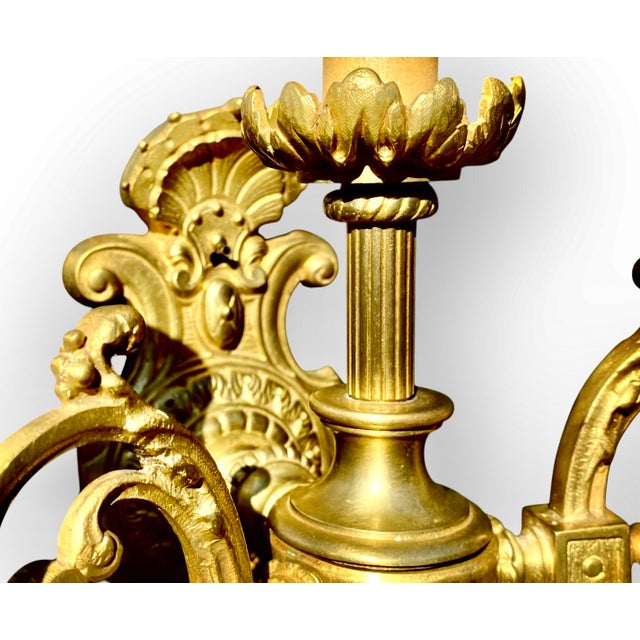 Antique French Gilt Bronze Three Light Sconce Black Silk Shades Crystal Prisms For Sale - Image 10 of 13