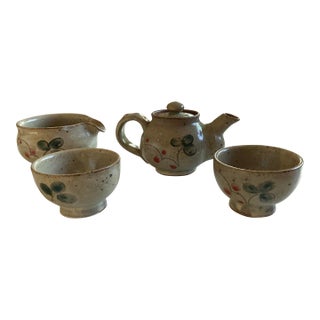 Ceramic Tea Pot and Tea Cup Set With Cherry Design - Set of 4 For Sale