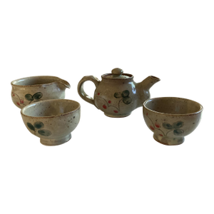 Ceramic Tea Pot and Tea Cup Set With Cherry Design - Set of 4