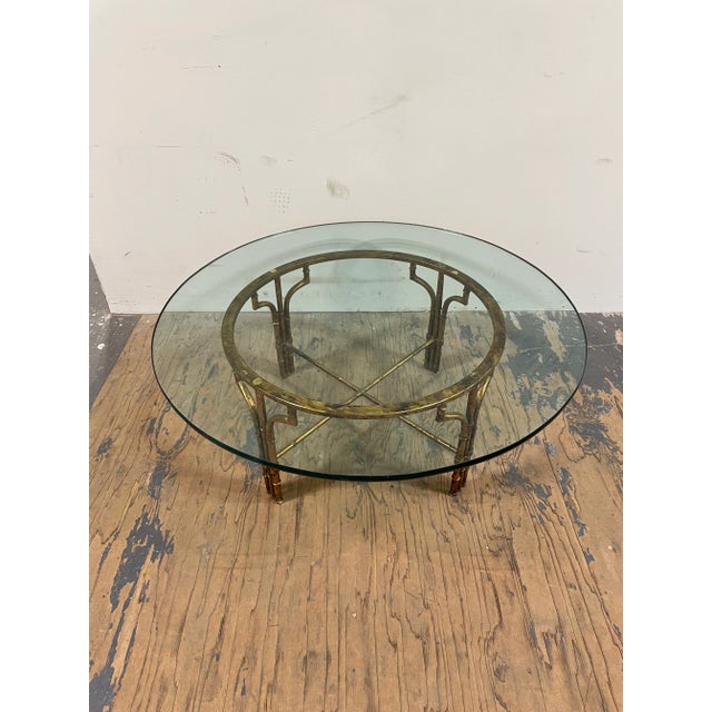 Hollywood Regency Hollywood Regency Gold Gilt Faux Bamboo & Glass Round Cocktail Table For Sale - Image 3 of 5