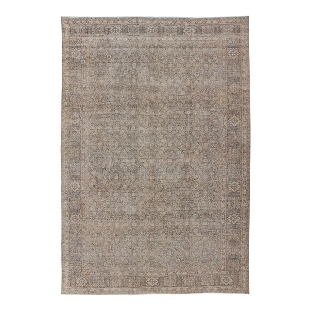 Light Green, Brown & Tan Persian Tabriz Antique Rug in All Over Herati Design 7'10 X 11'10 For Sale