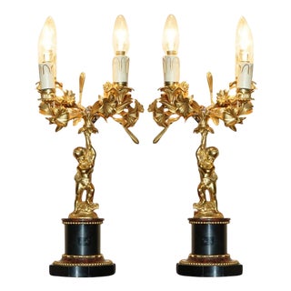 Victorian Gilt Bronze Marble Cherub Candelabra Table Lamps, Set of 2 For Sale