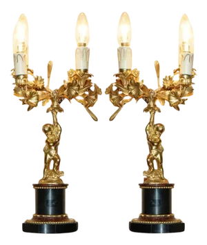 Victorian Gilt Bronze Marble Cherub Candelabra Table Lamps, Set of 2