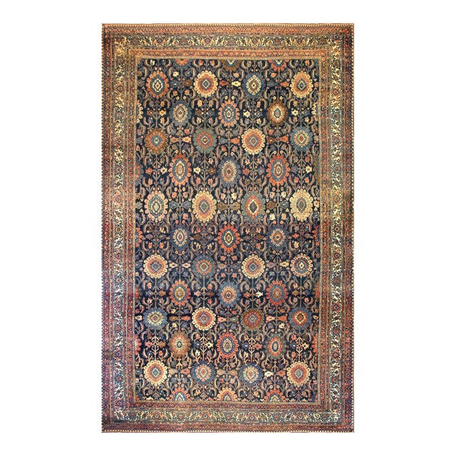 1890s Blue Navy Geometric Antique Nw. Persian Bijar Rug 11' X 18'4" Handknotted Wool Carpet For Sale