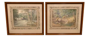 Carroll Colby Child Listed Artist Wooded Landscape Watercolors - a Pair