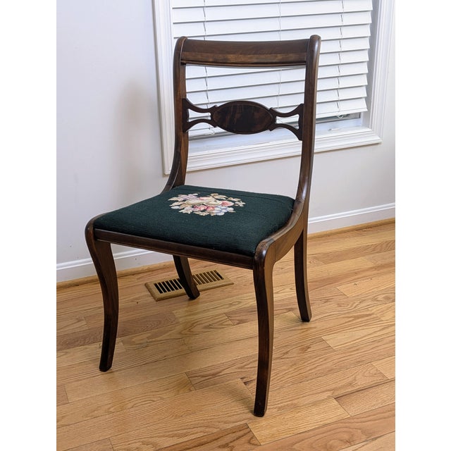 Set of 4 Duncan Phyfe / Regency-Revival Mahogany Dining Chairs, C. 1940s–60s — One Armchair, Needlepoint Seats For Sale - Image 12 of 12