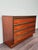 A 1970s-era wood veneer chest of drawers. The minimalist design features warm walnut veneer tones and is embellished with...
