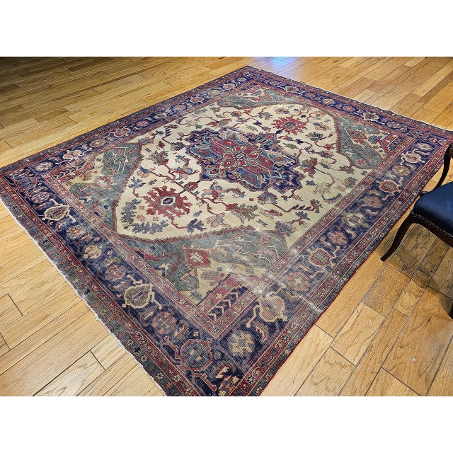 Late 19th Century Late 19th-Century Heriz Serapi Rug, Handwoven, Pale Yellow & Green, 8' x 10' For Sale - Image 5 of 18
