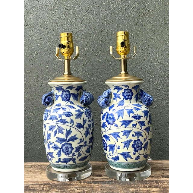 Vintage Asian Blue and White Floral Ceramic Lamps - A Pair For Sale - Image 9 of 12