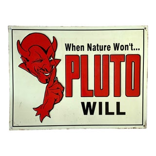 Antique Original 'Pluto Water' Advertising Enameled Metal Sign For Sale