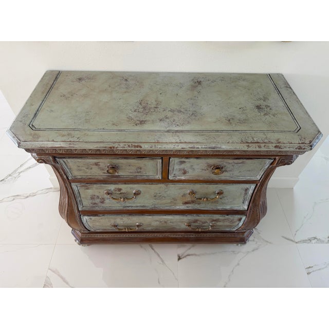 2000 - 2009 French Bombe Chest | Distressed Painted Wood Dresser | Louis XV Style For Sale - Image 5 of 11