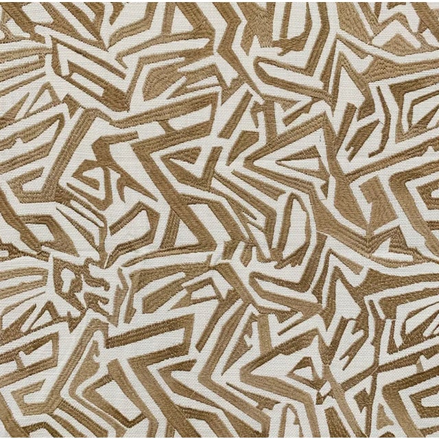 Worlds Away Matthew Izzo Home X Side Stool in Beige Geometric Upholstery and Gold Leaf Base For Sale - Image 4 of 4
