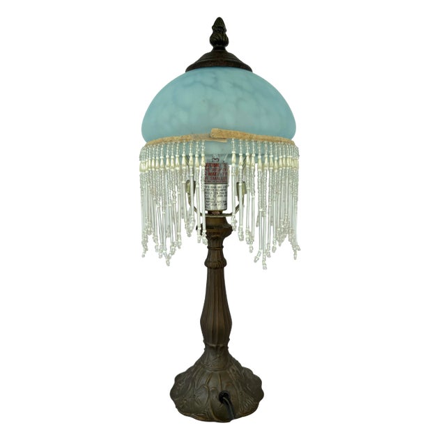 1940s Art Nouveau Boudoir Lamp With Blue Satin Glass Shade & Beaded Fringe 15-1/2” For Sale