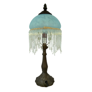 1940s Art Nouveau Boudoir Lamp With Blue Satin Glass Shade & Beaded Fringe 15-1/2”