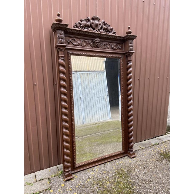 Hunting mirror renaissance castle Louis XIII carved oak 1880 very richly sculpted \. Abundant sculpture sets, twisted...