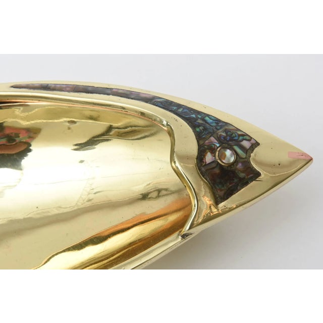 Metal Vintage Abalone, Brass and Silver Plate Sculptural Fish Bowl MCM Restored For Sale - Image 7 of 11