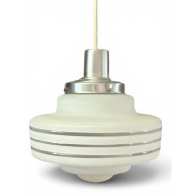 Metal Vintage Art Deco Revival White Satin Glass Pendant Light With Brushed Chrome Hardware For Sale - Image 7 of 9
