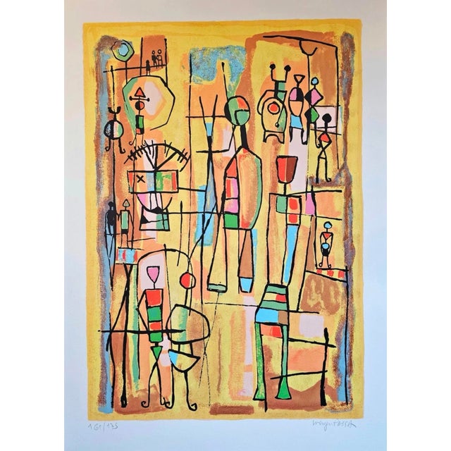 A vibrant color lithograph by Mayeu Passa, identified as “Silent Drama,” featuring an imaginative arrangement of abstract...