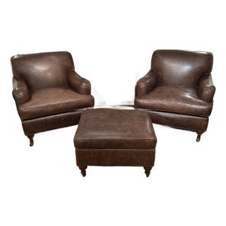 Large Pair of Leather Club Chairs With Ottoman -a Pair For Sale