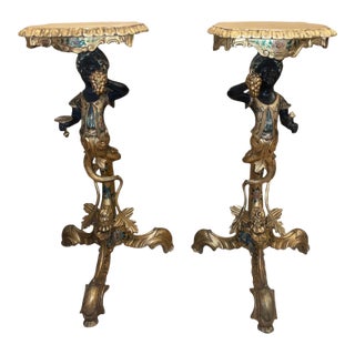 Pair of Mid-19th Century Italian Polychrome & Gilt Blackamoor Pedestal Tables For Sale