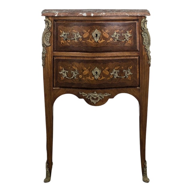 Small Louis XV Style Commode with Marquetry and Red Marble Top For Sale