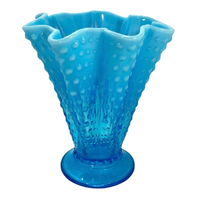 Art Deco Vintage Fenton Art Glass Blue Opalescent Ruffled Vase For Sale - Image 3 of 7