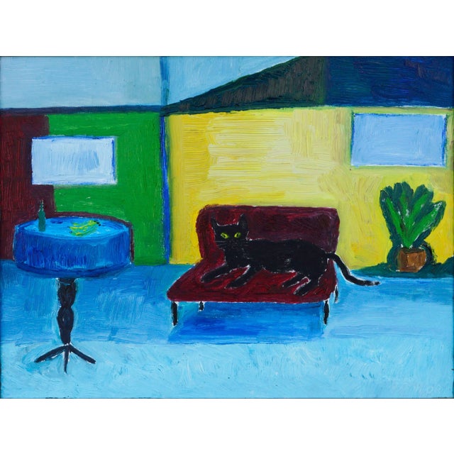 Colorful Fauvist interior scene of a black cat lounging on a red couch in a brightly hued room, by Jonathan Taylor...