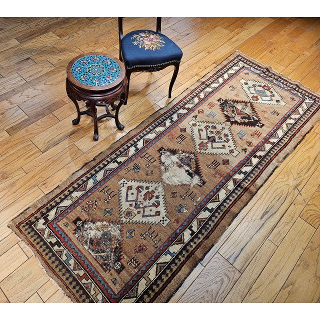 Antique 19th C. Persian Kurdish Runner Rug, Hand-Knotted Wool, Geometric Pattern, 4x10, Camelhair & Ivory For Sale In Chicago - Image 6 of 18