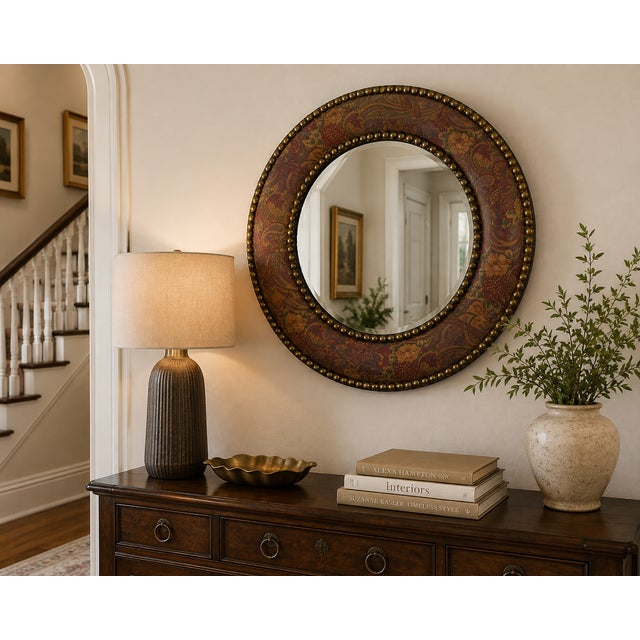 English Late 20th Century Round Paisley-Covered Mirror With Brass Nailhead Trim, 36" For Sale - Image 3 of 6