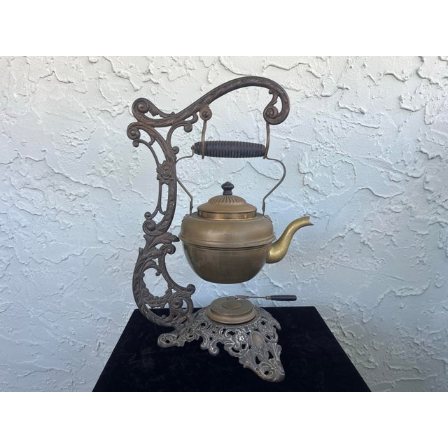 Art Nouveau Antique Bradley & Hubbard Brass and Cast Iron Tilting Teapot With Stand — No. 1694 For Sale - Image 3 of 10