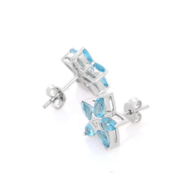 Art Deco 18k White Gold Floral Blue Topaz Diamond Stud Earrings- 2 Pieces For Sale - Image 3 of 8