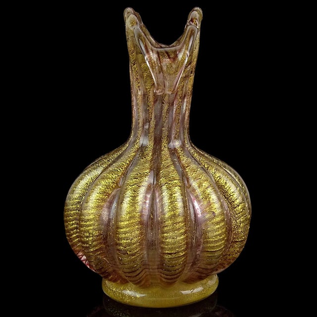 Mid 20th Century Vintage Murano Barovier Toso Purple Swirl Gold Flecks Italian Art Glass Curled Fan Top Flower Vase For Sale - Image 5 of 11