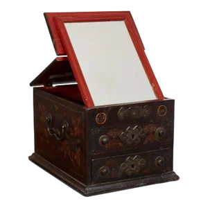 Antique Chinese Black Chinoiserie & Red Lacquer Mirrored Vanity Box