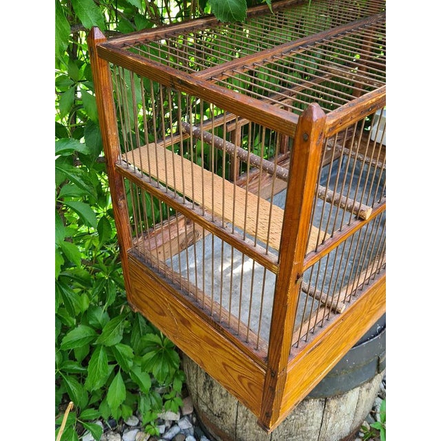 Brown Large Antique Wooden Birdcage with Porcelain Feeders, 1920s-1950s For Sale - Image 8 of 12