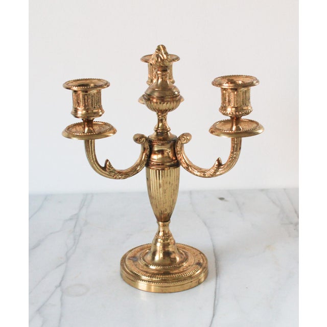 Louis XVI Style Three Arm Brass Candelabra For Sale - Image 4 of 9