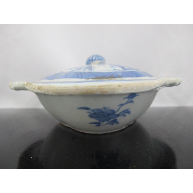 Chinese Export 19thc Canton Blue Village Porcelain Oval Serving Bowl With Lid For Sale In Portland, OR - Image 6 of 13