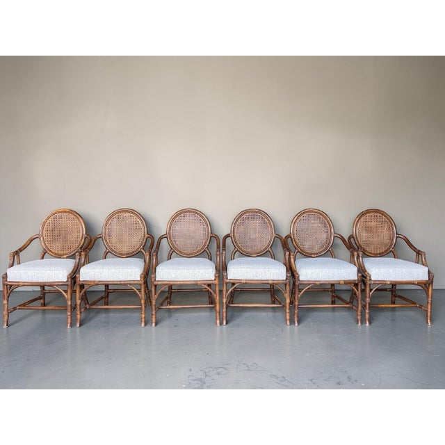 Late 20th Century Newly Upholstered Vintage Rattan & Cane Oval-Back Dining Chairs | Set of 6 For Sale - Image 5 of 15
