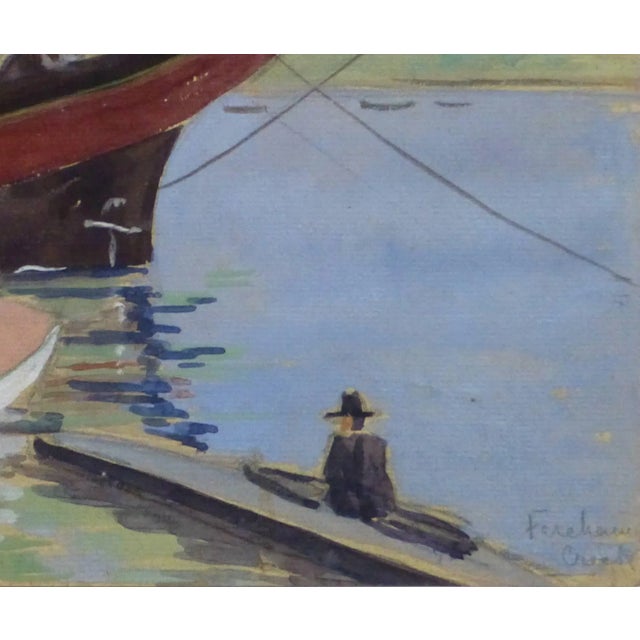 Delightful one-of-a-kind watercolor and gouache painting of boats docked along the glassy waters of Fareham creek located...