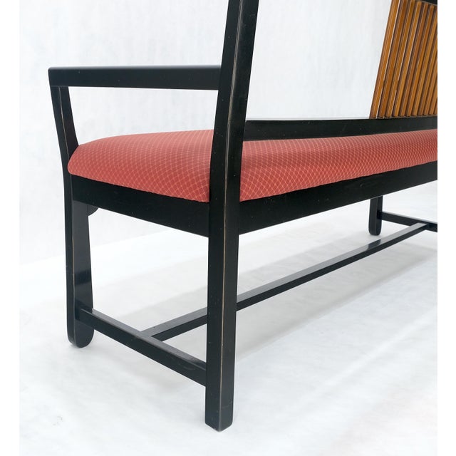 Charles Rennie Mackintosh Vintage Black Lacquer Red Upholstery Bench with Arms Slotted Back MINT For Sale - Image 4 of 11